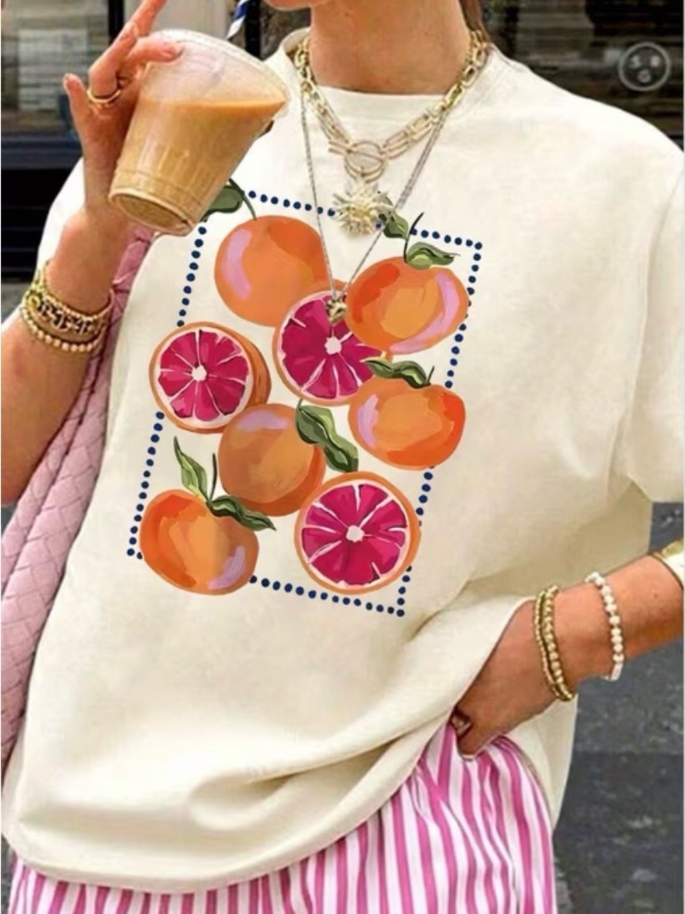 Cream Short-Sleeve Tee with Orange & Pink Citrus Graphic